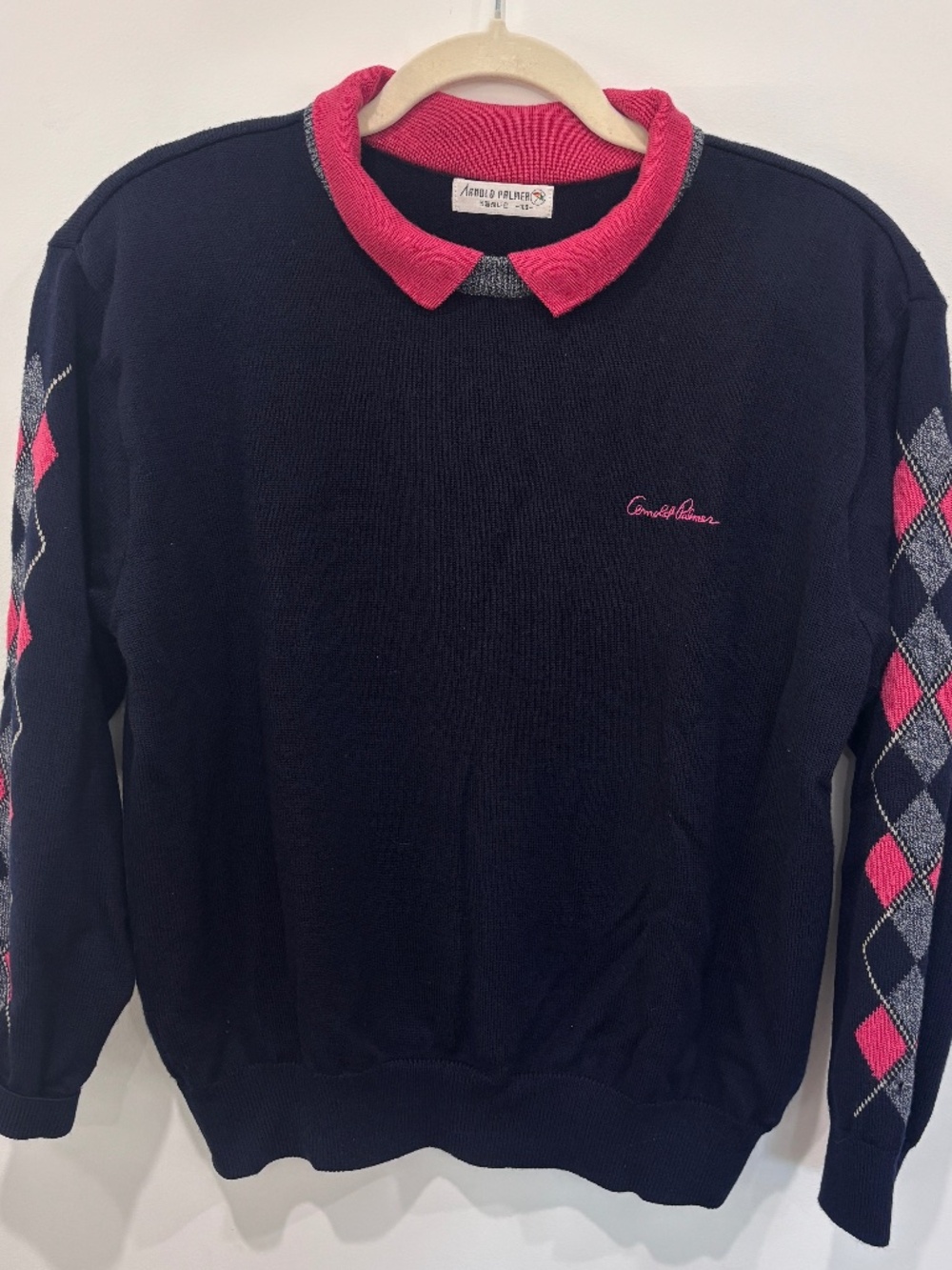 Vintage Arnold Palmer Black Pink Argyle Wool Sweater Long Sleeve Knit No Size